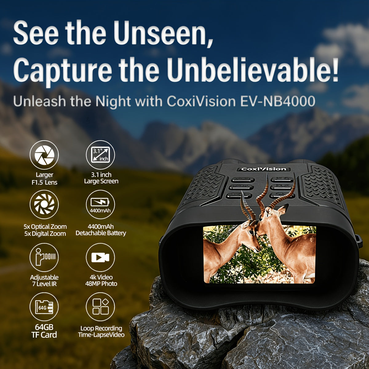 4K Night Vision Goggles for Adults 48MP Camera 3.1 Inch Screen 4400mAh Rechargeable Battery 7-Level IR Adjustment 100% Darkness View 4K Video 64GB Card for Hunting Security Camping 25mm 50mm