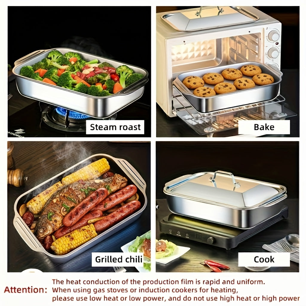 Stainless Steel Baking Pan Set 4-Piece – 2 Deep Roasting Pans & 2 Lidded Pans with Handles, 6-Liter 16.14-Inch Rectangular Baking Dish for Turkey, Lasagna, Fish & Chicken, Dishwasher Safe
