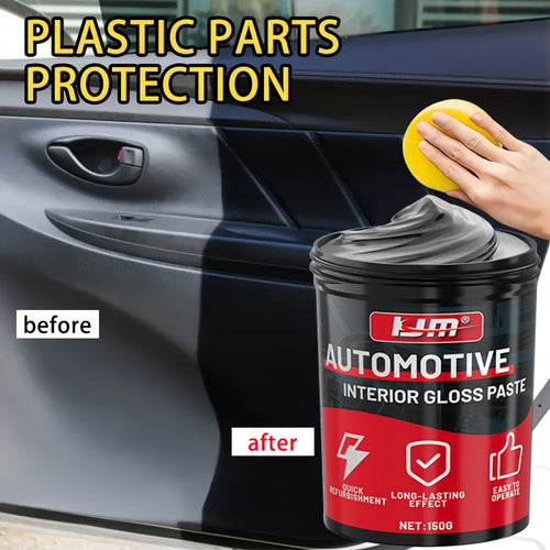KJM Automotive Plastic Restorer & Whitening Cream 150g with Sponge – All-in-One Dashboard, Tire & Seat Restorer, Car Interior Polish, Upholstery Care, Long-Lasting Gloss & UV Protection