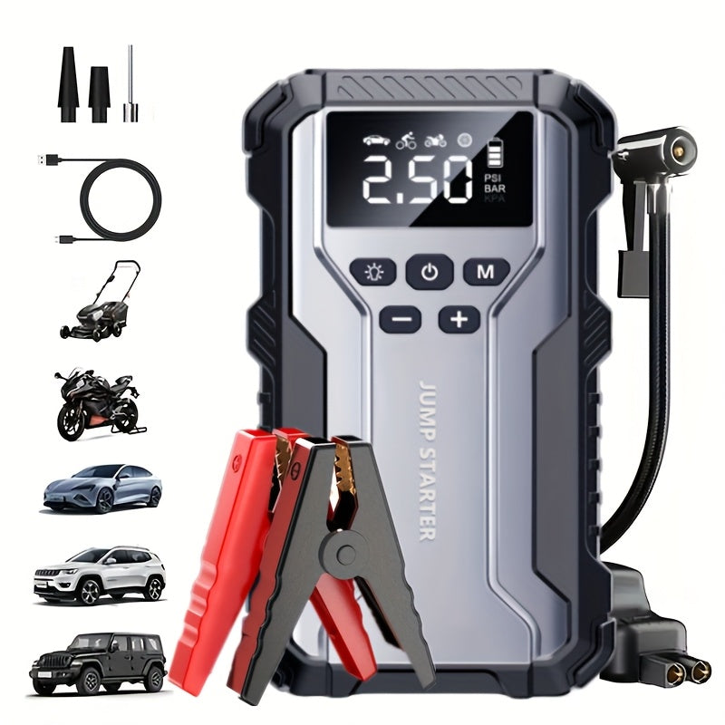 Portable Car Jump Starter 7-in-1 with 150PSI Air Compressor Digital Display Emergency Power Bank for Gas & Diesel Engines - Car Battery Booster Pack with Air Pump