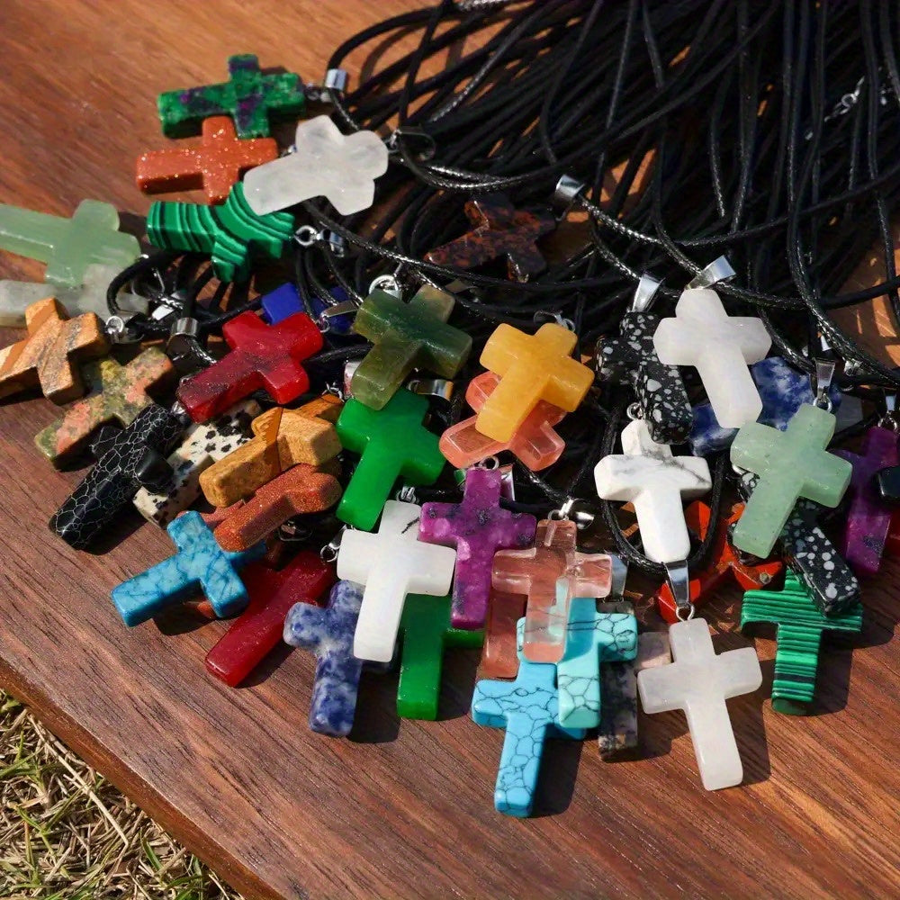 40pcs Natural Stone Cross Pendant & Necklace DIY Kit – 20 Quartz Imitation Gem Cross Pendants + 20 Adjustable Black Faux Leather Necklaces, Bulk Jewelry Making Supplies for Teens Women Bracelets Earrings Crafts