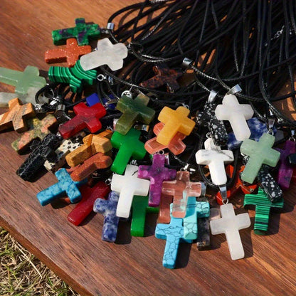 40pcs Natural Stone Cross Pendant & Necklace DIY Kit – 20 Quartz Imitation Gem Cross Pendants + 20 Adjustable Black Faux Leather Necklaces, Bulk Jewelry Making Supplies for Teens Women Bracelets Earrings Crafts