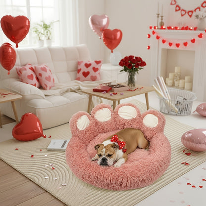 Bear Paw Shaped Donut Dog Bed & Cat Bed – Calming Warm Soft Plush Round Pet Mattress with Bonus Pet Scarf S M L XL 2XL Coffee Pink Grey Brown for Small Medium Large Dogs Cats