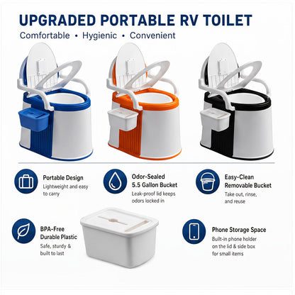 Portable Camping Toilet with Backrest & Handrails – 5 Gallon Detachable Bucket 350 lb Capacity Lightweight Commode for RV Boat Travel Camping