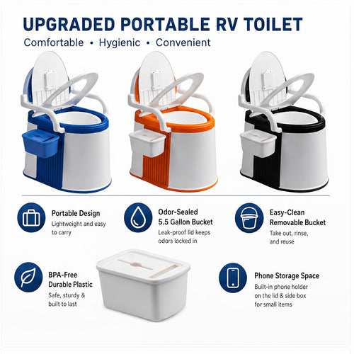 Portable Camping Toilet with Backrest & Handrails – 5 Gallon Detachable Bucket 350 lb Capacity Lightweight Commode for RV Boat Travel Camping
