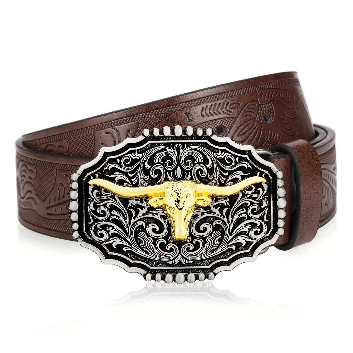 Western Cowboy Belt for Men & Women Embossed Floral Faux Leather – Longhorn Bull Pattern Big Buckle Zinc Alloy, Sizes 34-44, Stylish Durable Country Western Dress Belt Gift for Christmas Father's Day