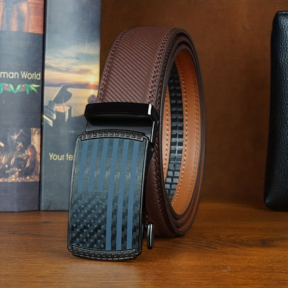Men's Genuine Leather Ratchet Belt with American Flag Automatic Buckle – Adjustable Alloy Clasp in Black & Brown for Formal and Casual Wear