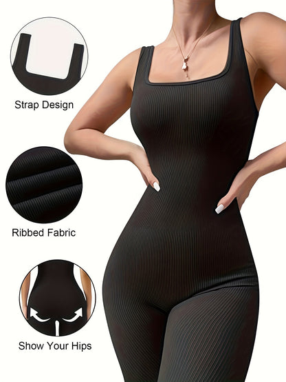 Women's Sleeveless Square Collar Jumpsuit – 90% Nylon Stretch Fabric, Thick & Opaque Active Wear for Yoga, Pilates, Running, Fitness & Everyday Events, Sizes S-XL, Multiple Colors