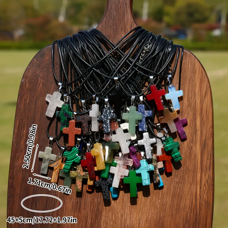 50-Piece Natural Stone Cross Pendant DIY Jewelry Making Set – 25 Mixed Gemstone Cross Pendants & 25 Adjustable Black Faux Leather Necklaces, Bulk Craft Supplies for Necklaces, Bracelets & Earrings