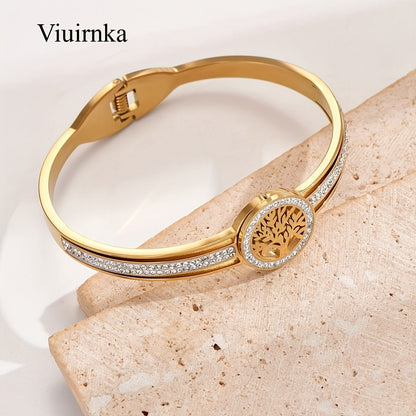 Tree of Life Charm Bangle Bracelet for Women – Stainless Steel Hypoallergenic Cuff, Symbolic Gift for Her, Comes with Gift Box, Steel & Gold Tone