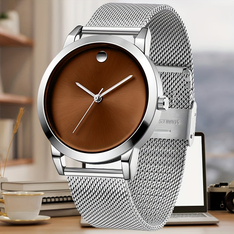 Men's Minimalist Stainless Steel Band Quartz Watch Slim Round Dial Casual Fashion Everyday Wear Gift for Him Silver Brown