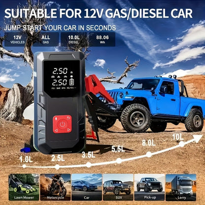 10000A Car Jump Starter with 350PSI Air Compressor, 9-in-1 Portable Battery Jump Starter Pack with LED Light, USB Type-C Fast Charging, Tire Inflator – 12V Car Emergency Kit & Gift