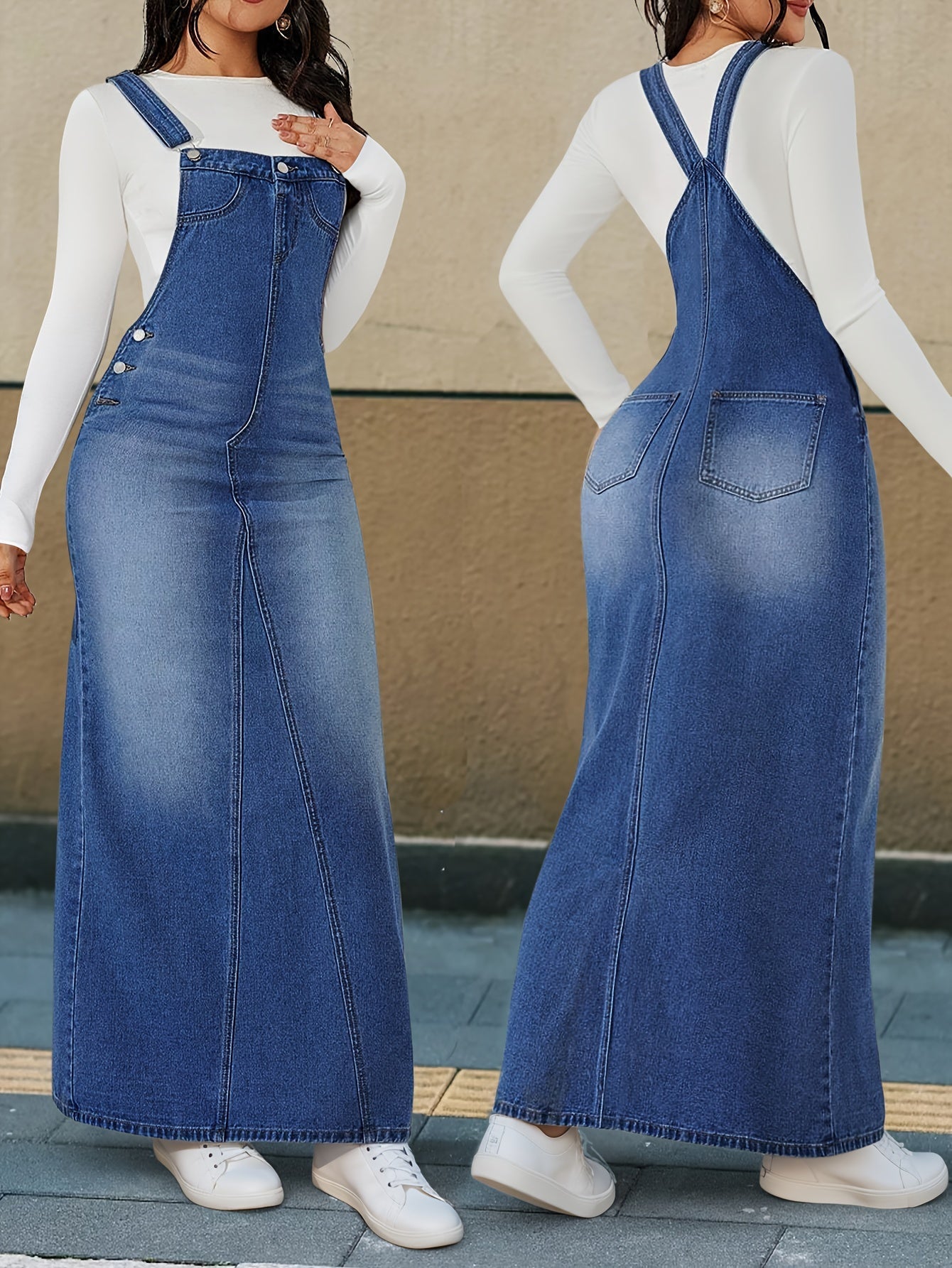 Women's Non-Stretch Denim Dress – Loose Fit Long Skirt with Detachable Strap & Button Closure, Casual to Formal Versatile Denim Dress, Blue & Light Blue, Sizes XS-XXL