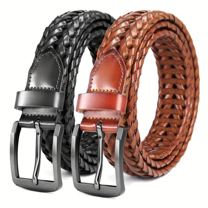 Men's Leather Braided Belt 2 Pack - Casual Dress Belt for Golf Pants Jeans Everyday Wear Zinc Alloy Buckle Multiple Colors Sizes 34-50