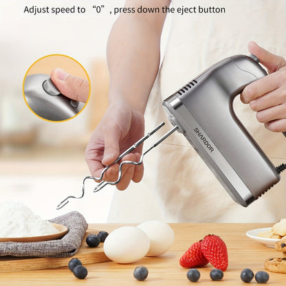 Electric Hand Mixer 5-Speed Plus Turbo with Storage Case & 5 Stainless Steel Attachments - 2 Beaters, 2 Dough Hooks, 1 Whisk, Handheld Kitchen Mixer for Baking, Silver