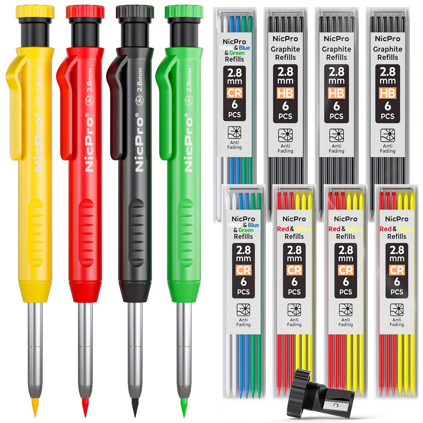Carpenter Pencil Set with Sharpener & Refills, Heavy Duty Mechanical Woodworking Pencils for Construction, Drafting & Marking, Flat Pencils with Portable Case – 2, 3, 4 or 6 Piece Sets Available