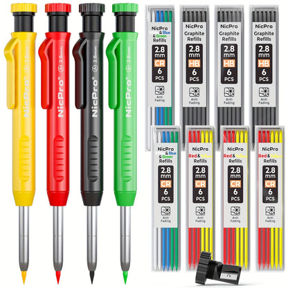 Carpenter Pencil Set with Sharpener & Refills, Heavy Duty Mechanical Woodworking Pencils for Construction, Drafting & Marking, Flat Pencils with Portable Case – 2, 3, 4 or 6 Piece Sets Available