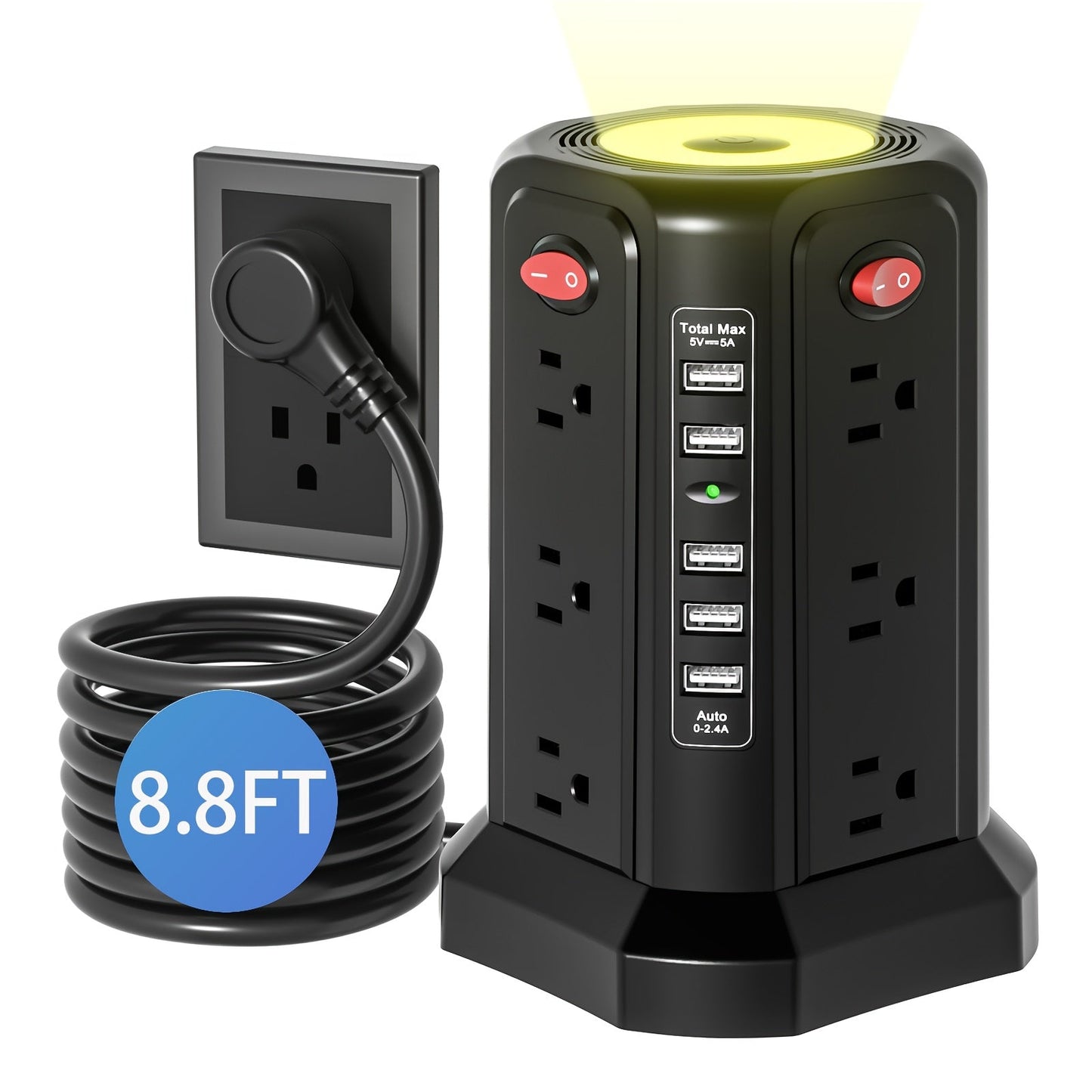 Tower Surge Protector Power Strip 12 AC Outlets 5 USB Ports PD 18W USB-C Fast Charging 10FT Extension Cord 1800J Surge Protection 4 Switches for Home Office Desk Dorm Room – Space-Saving Vertical Design