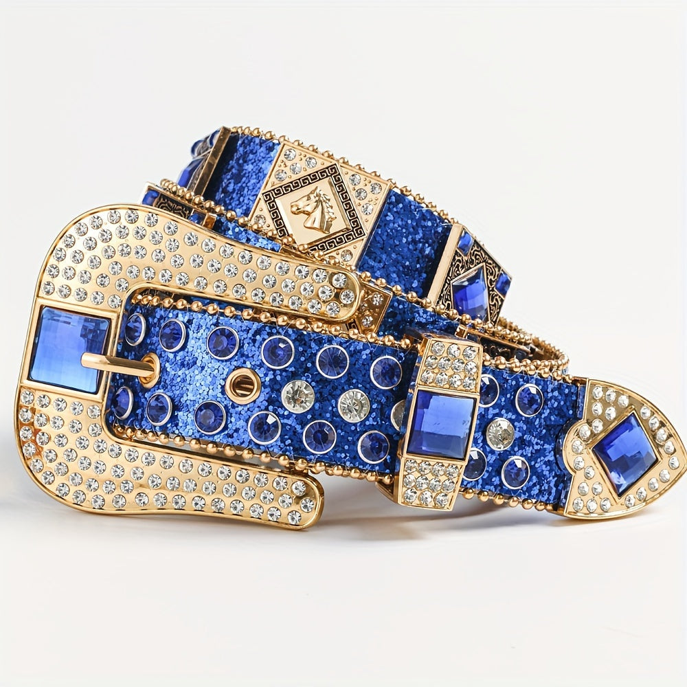 Rhinestone Punk Belt for Women - European American Style Rock & Roll Fashion Belt with Inlaid Rhinestones & Sequins, Zinc Alloy Golden Buckle, Glamorous Party Festival & Everyday Outfit Accessory