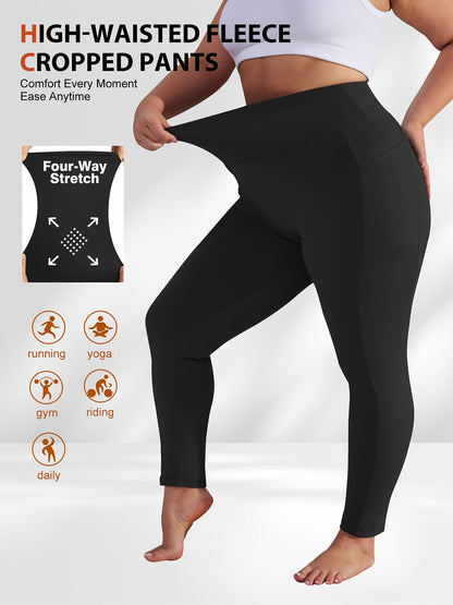Women's Plus Size Yoga Pants with Pockets – High-Waist Fleece-Lined Warm Leggings for Fall & Winter, Tight-Fitting Elastic Sports Base Layer Pants, Sizes 1XL-5XL in Black, Gray, Burgundy & Navy
