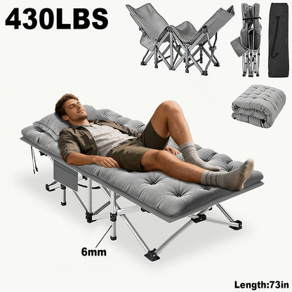 Heavy Duty Folding Bed with Optional Mattress up to 630 LBS – Portable Camping Cot with Multi-Leg Support, Side Pockets & Pillow, 59–77 Inch All Season Guest Napping Bed Space Saving
