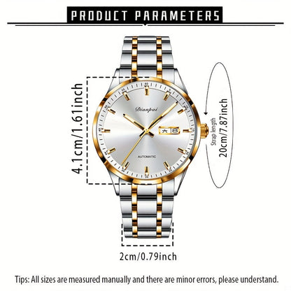 Men's Automatic Self-Winding Mechanical Watch – Slim Stainless Steel Band, Luminous Hands, Calendar Display, No Battery Needed – Luxury Business Dress Watch Gift