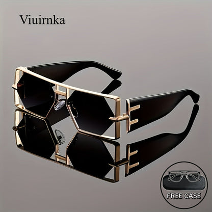 Oversized Hollow Square Sunglasses for Women & Men – UV Protection Metal Frame, PC Lens, Trendy Exaggerated Style, Beach Vacation & Summer Fashion Eyewear with Protective Case