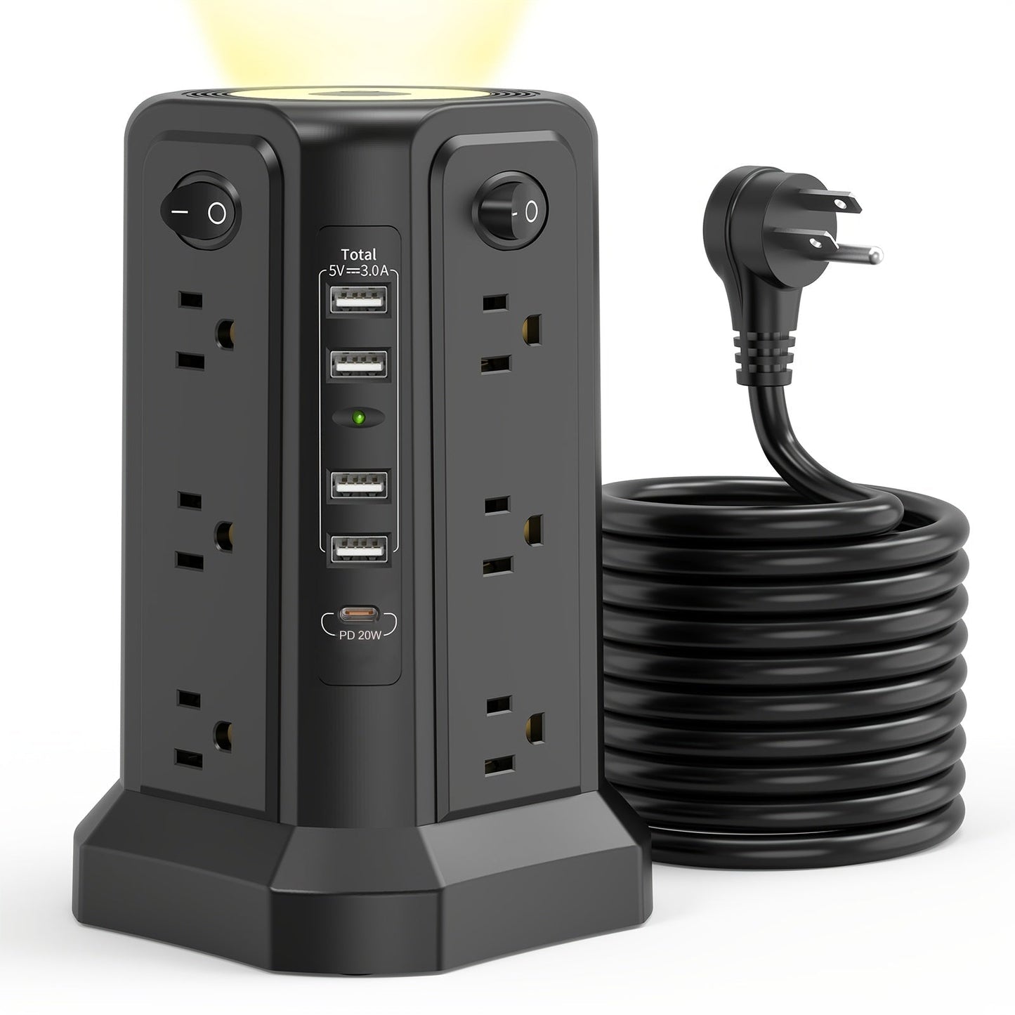 Tower Surge Protector Power Strip 12 AC Outlets 5 USB Ports PD 18W USB-C Fast Charging 10FT Extension Cord 1800J Surge Protection 4 Switches for Home Office Desk Dorm Room – Space-Saving Vertical Design