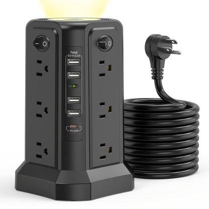 Tower Surge Protector Power Strip 12 AC Outlets 5 USB Ports PD 18W USB-C Fast Charging 10FT Extension Cord 1800J Surge Protection 4 Switches for Home Office Desk Dorm Room – Space-Saving Vertical Design