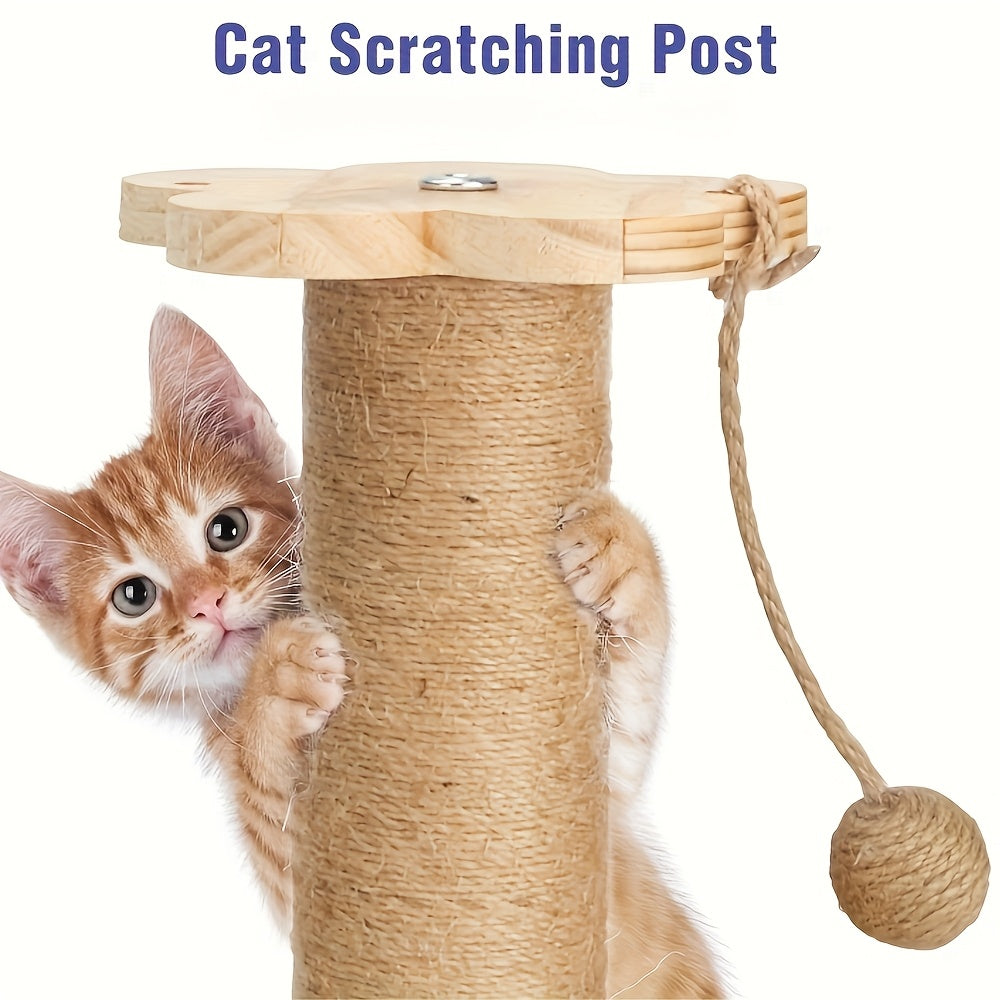 5-in-1 Wooden Cat Scratching Post Toy for Indoor Cats Tall Sisal Post 2-Level Track Ball Interactive Feather Toy Hanging Balls Cat Furniture for Kittens Adults