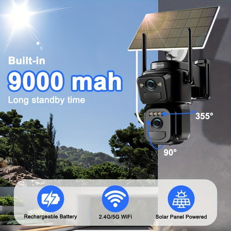 2K Solar Security Camera Outdoor WiFi 10x Zoom 360° Pan Tilt IP66 Waterproof CCTV with Spotlight Alarm Color Night Vision Motion Detection Two-Way Audio