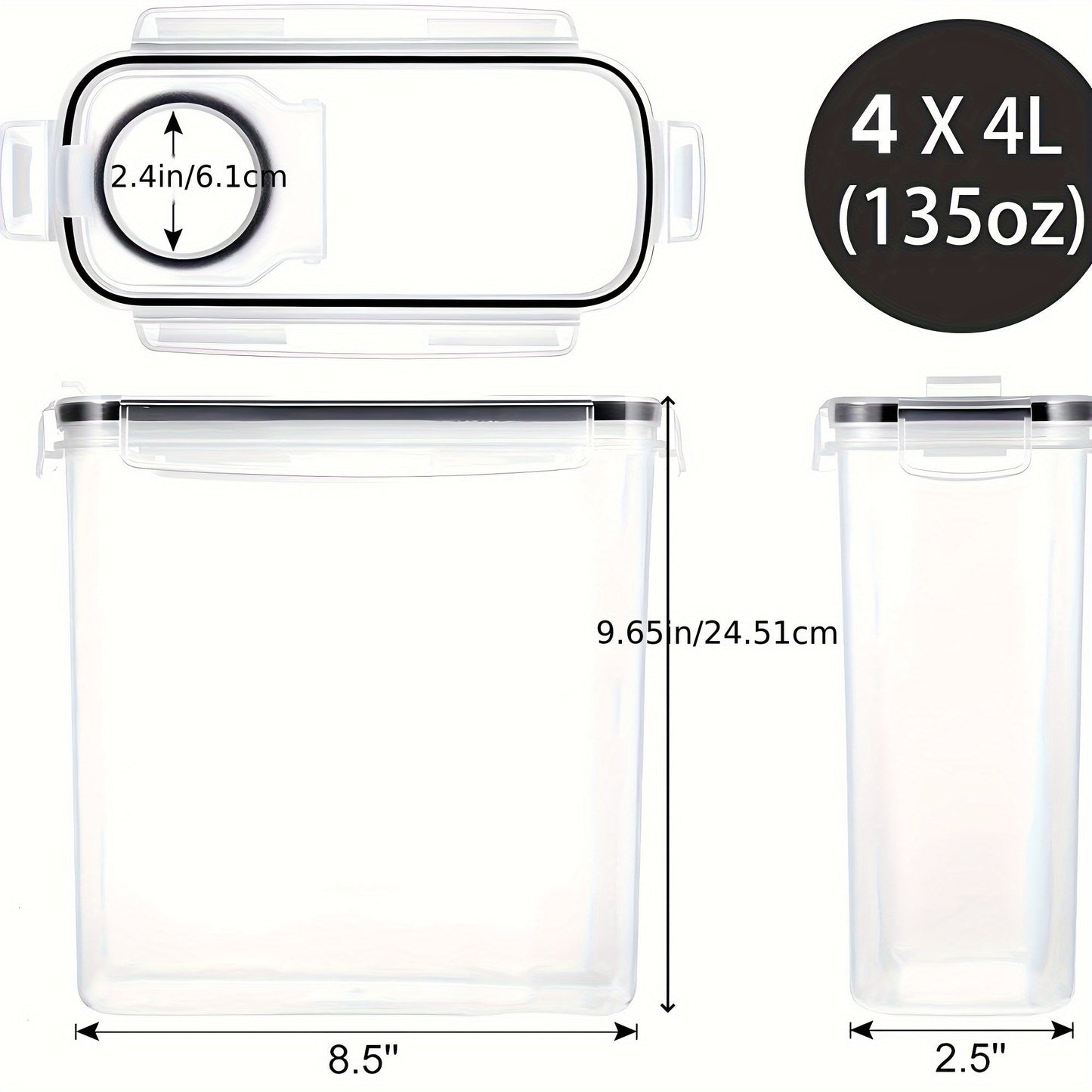 Airtight Food Storage Containers 4-Pack (4L/135oz) Extra Large BPA-Free Cereal Containers for Pantry Organization - Bulk Storage for Grain, Rice & Nuts, Kitchen Organizer Set, Great Christmas Gift