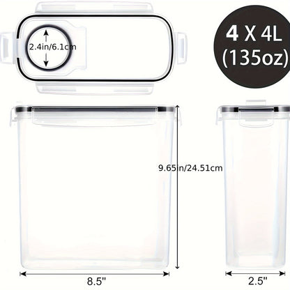 Airtight Food Storage Containers 4-Pack (4L/135oz) Extra Large BPA-Free Cereal Containers for Pantry Organization - Bulk Storage for Grain, Rice & Nuts, Kitchen Organizer Set, Great Christmas Gift