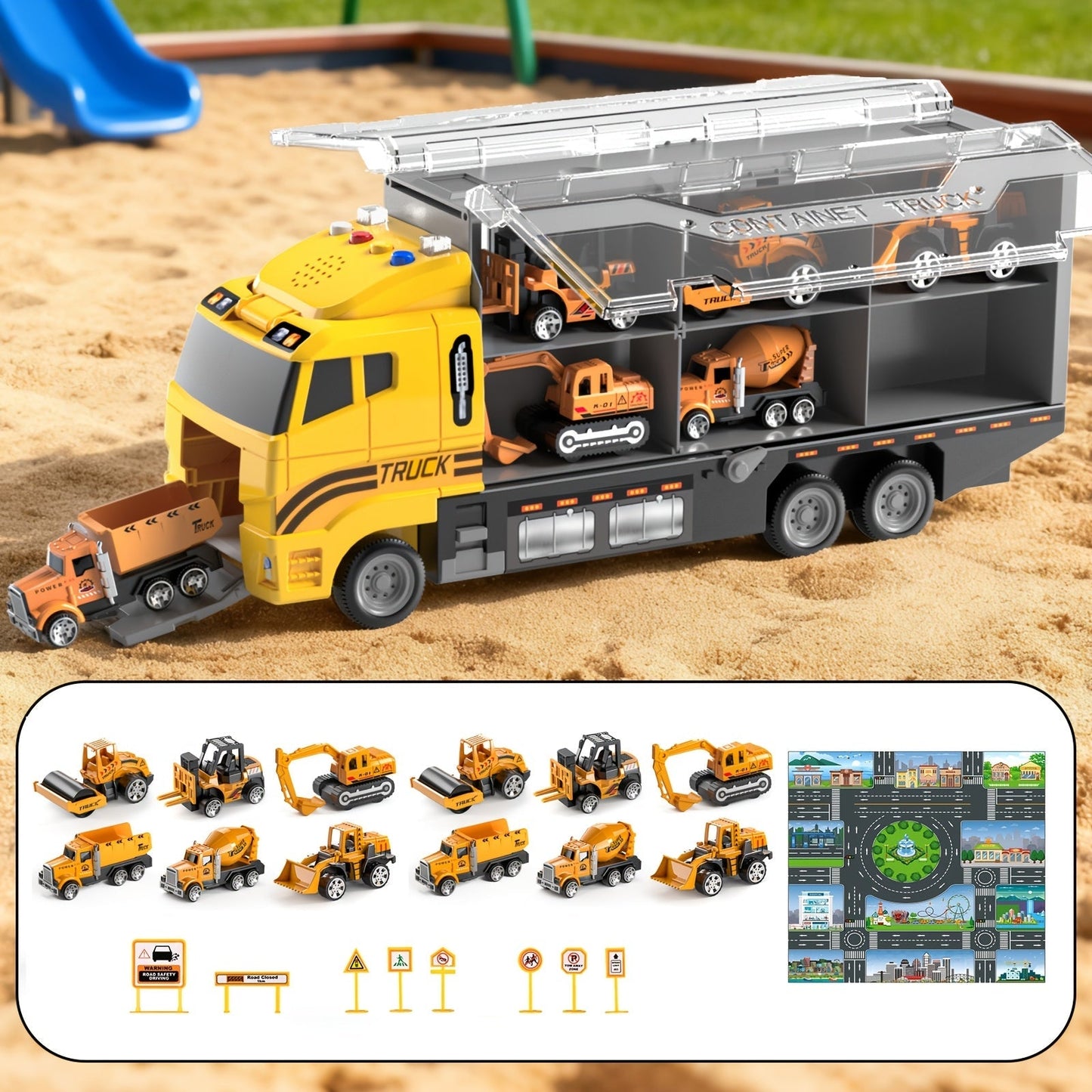 13-in-1 Construction Truck Toy Set with Die-Cast Cars, Play Mat & Transport Carrier – Kids Vehicle Playset for Ages 3+, Perfect Christmas & Birthday Gift