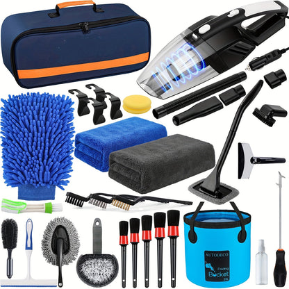 41-Piece Car Wash & Detailing Kit with 120W Handheld Vacuum Cleaner – Foldable Bucket, Windshield Tool, Snow Shovel, Tire Brush, Interior & Exterior Complete Car Care Set, Pink / Black / Blue