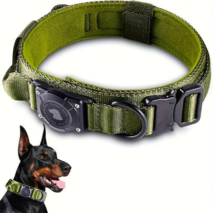 Tactical Dog Collar with AirTag Holder & Handle – Heavy Duty PC Nylon, Adjustable M/L/XL for Medium Large Dogs, Military Style Training Collar with Control Handle