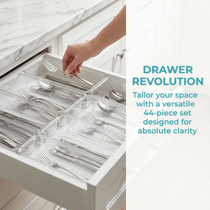 Clear Plastic Drawer Organizer Set 44 or 60 Pcs 4 Sizes Non-Slip Vanity Organizer Trays for Makeup Jewelry Bathroom Bedroom Kitchen Office