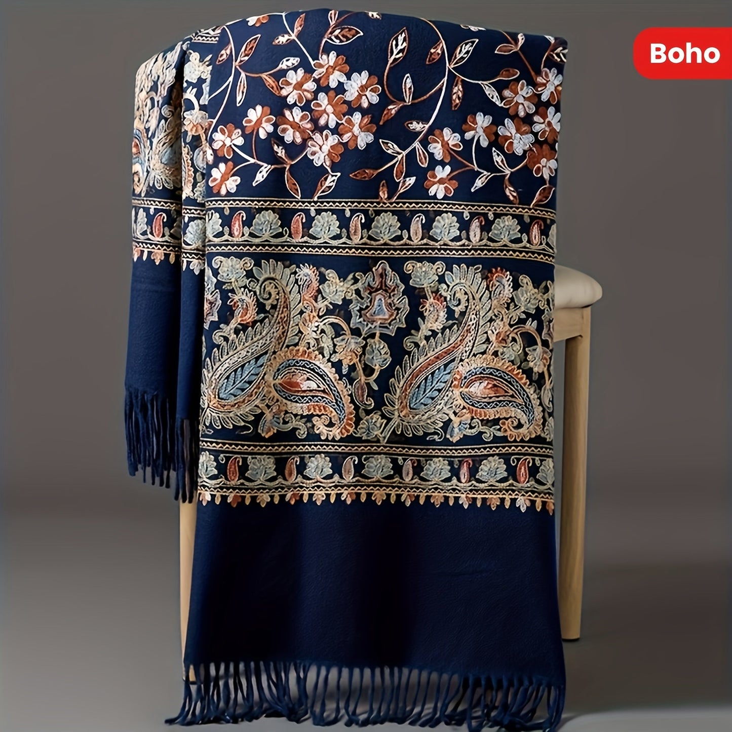 Women's Bohemian Cashmere Shawl Scarf – Vintage Paisley Embroidery with Tassel Trim, Lightweight Warm Wrap for Spring & Fall, 6 Colors, Hand Washable Casual & Dressy Outfits