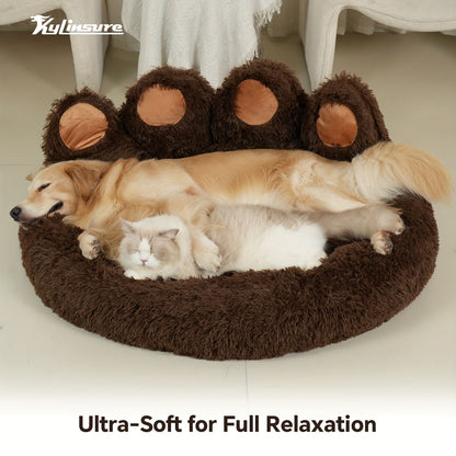 Bear Paw Shaped Donut Dog Bed & Cat Bed – Calming Warm Soft Plush Round Pet Mattress with Bonus Pet Scarf S M L XL 2XL Coffee Pink Grey Brown for Small Medium Large Dogs Cats