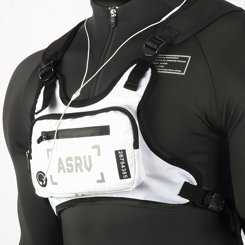 Reflective Chest Bag Running Vest Pack Lightweight Adjustable Crossbody Sling Bag for Men Women – Waterproof Sport Chest Pack for Cycling Hiking Skiing with Headphone Hole, Black & White