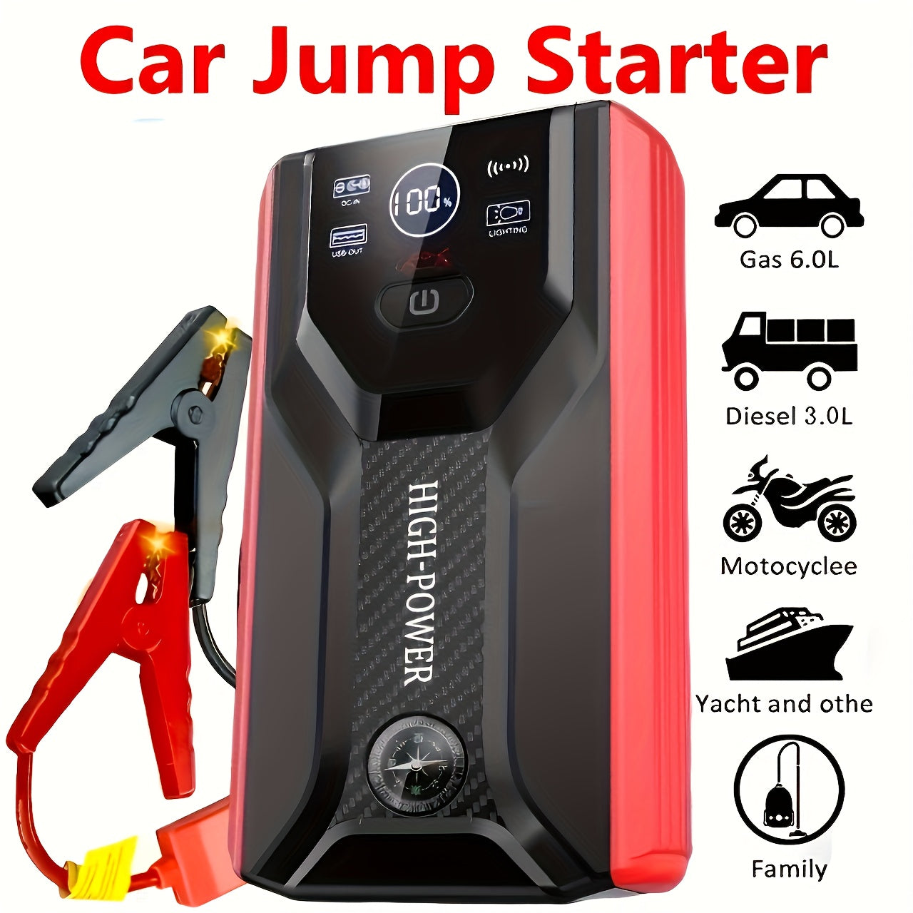 2000A Peak Portable Car Jump Starter Wireless Battery Booster – 12V Quick Start for Gas (8.0L) & Diesel (1.72 Gal) Engines with USB Input/Output, LED Emergency Light – Car Accessory & Emergency Tool