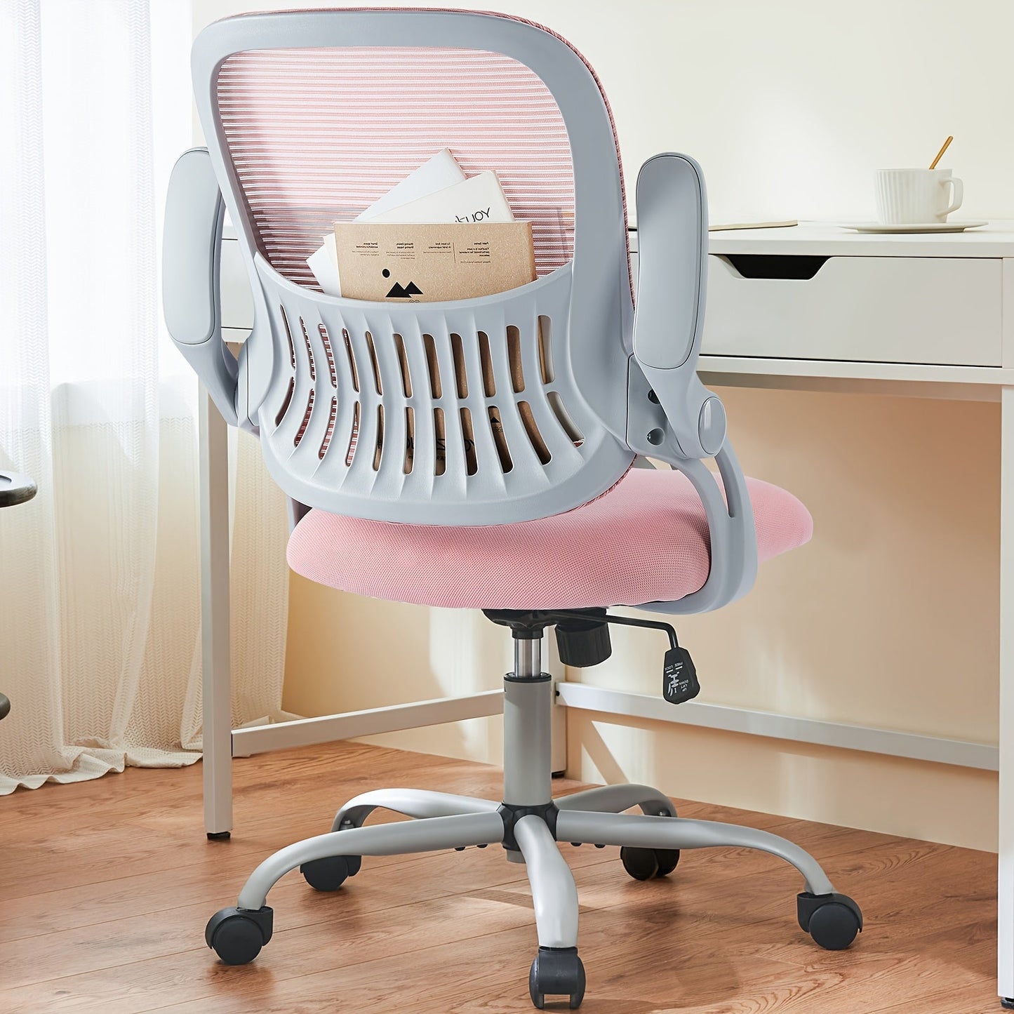 Ergonomic High-Back Mesh Office Chair with Flip-Up Arms Adjustable Headrest Lumbar Support & Wheels - Rolling Computer Desk Chair for Home Office Bedroom Study Pink Grey Black