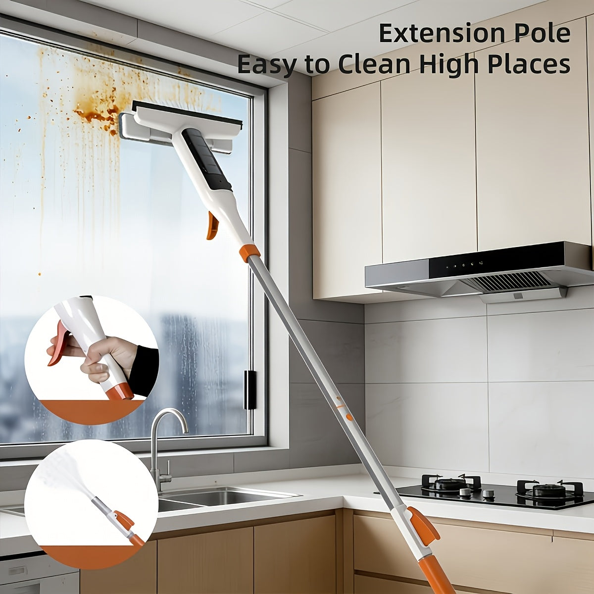 3-in-1 Glass Cleaning Kit with Durable Metal Pole Squeegee and Scraper for High Windows Shower Doors Car Windshields – Streak-Free Home Cleaning Tool