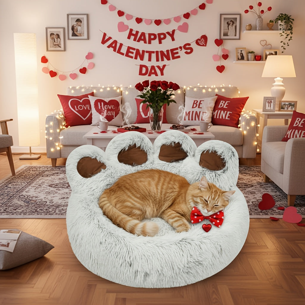 Bear Paw Shaped Donut Dog Bed & Cat Bed – Calming Warm Soft Plush Round Pet Mattress with Bonus Pet Scarf S M L XL 2XL Coffee Pink Grey Brown for Small Medium Large Dogs Cats