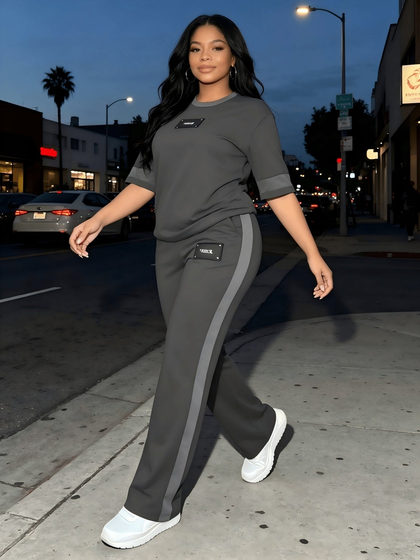 Women's 2-Piece Tracksuit Set Casual – Long Sleeve Crew Neck Top & Wide Leg Pants Stretchy Soft Loungewear for Spring Summer, Matching Outfit Slate Grey Blue Black Grey S M L XL XXL
