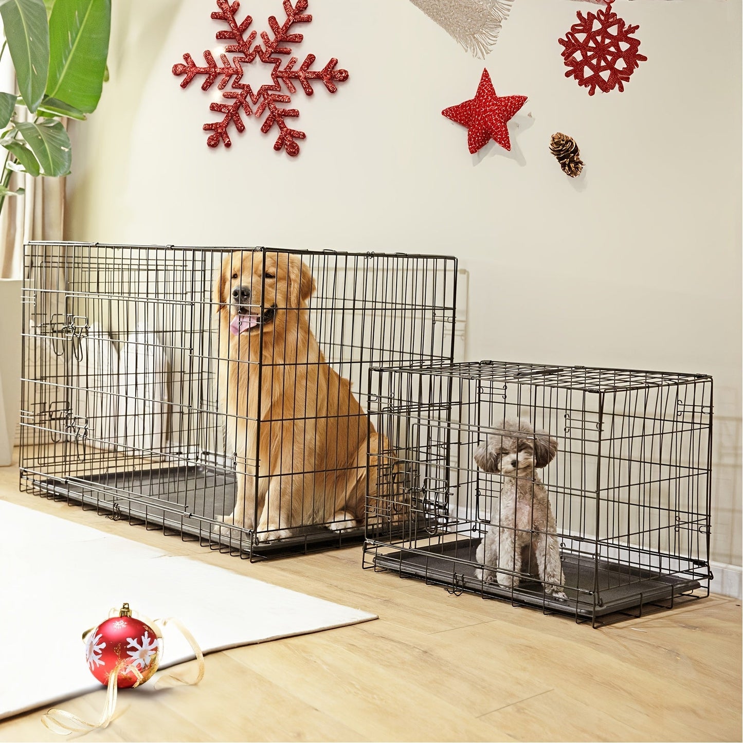 Folding Metal Wire Dog Crate Double Door with Divider Panel Leak-Proof Pan Tray Pet Kennel Indoor Outdoor Travel Small Medium Large XL Dogs 4 Sizes