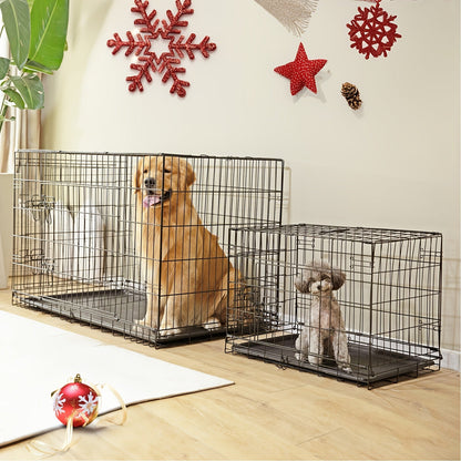 Folding Metal Wire Dog Crate Double Door with Divider Panel Leak-Proof Pan Tray Pet Kennel Indoor Outdoor Travel Small Medium Large XL Dogs 4 Sizes