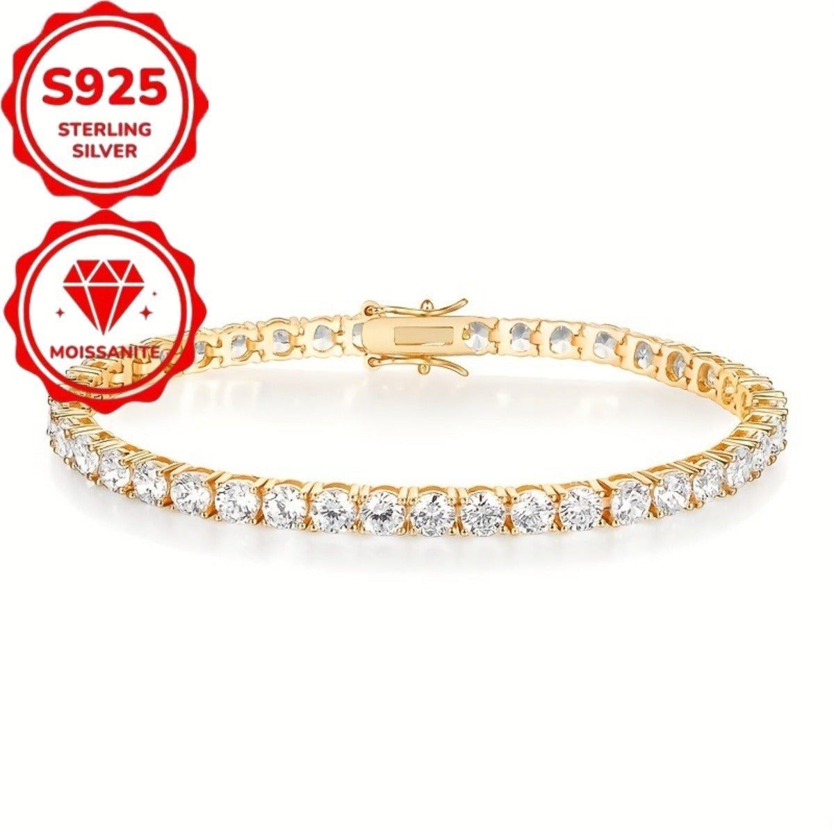 S925 Sterling Silver Moissanite Tennis Bracelet for Women – 4mm Bright Cut Gold Finish, Elegant French Style, Hypoallergenic, Sizes 6–9in, Perfect Wedding & Birthday Gift (7.71g)