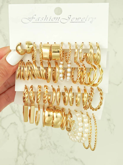 48pcs Geometric Hoop Earrings Set for Women – Boho Metal Wide Hoop Faux Earrings Bulk Pack, Simple Stylish Jewelry for Vacation, Dating, Daily Wear & Gift Matching