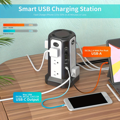 Tower Surge Protector Power Strip 12 AC Outlets 5 USB Ports PD 18W USB-C Fast Charging 10FT Extension Cord 1800J Surge Protection 4 Switches for Home Office Desk Dorm Room – Space-Saving Vertical Design